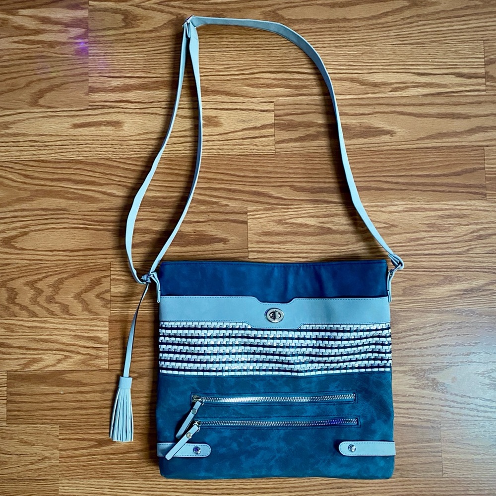 Large Blue Suede Glitter Tassel Adjustable Purse Crossbody Bag Lots of Pockets